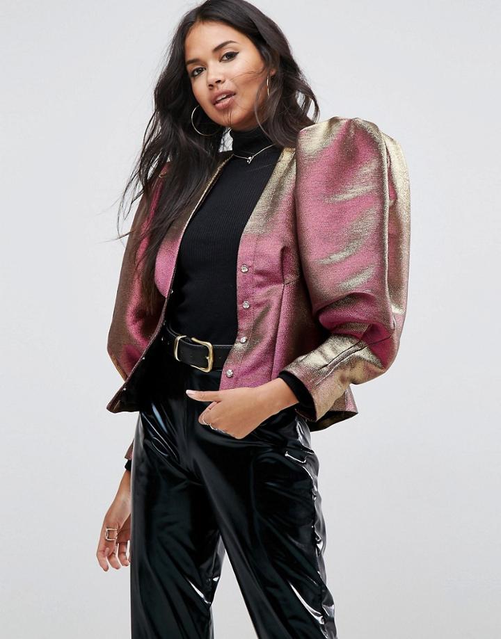 Asos Puff Sleeve Jacket In Jacquard With Shoulder Pads - Multi