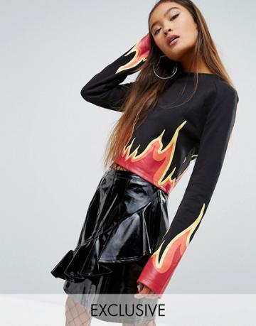 Mad But Magic Crop Top With Flame Print - Black