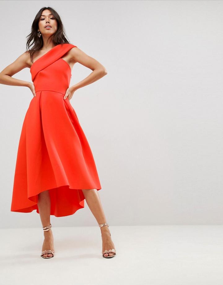 Asos One Shoulder Foam Scuba Dip Back Midi Skater Dress - Orange