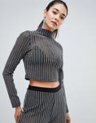 Asos Design Two-piece Silver Glitter Stripe High Neck Mesh Top - Black
