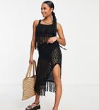 Asos Design Petite Crochet Top With Fringe Hem In Black - Part Of A Set