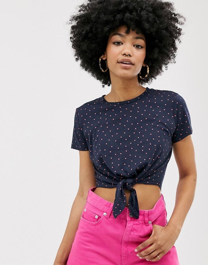 Monki Polka Dot Knot Front T-shirt In Navy - Multi