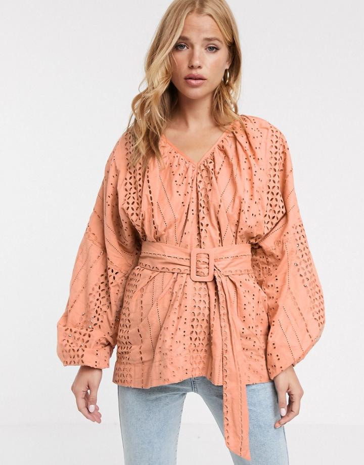 Asos Design Broderie Kimono Sleeve Top With Belt Detail-tan