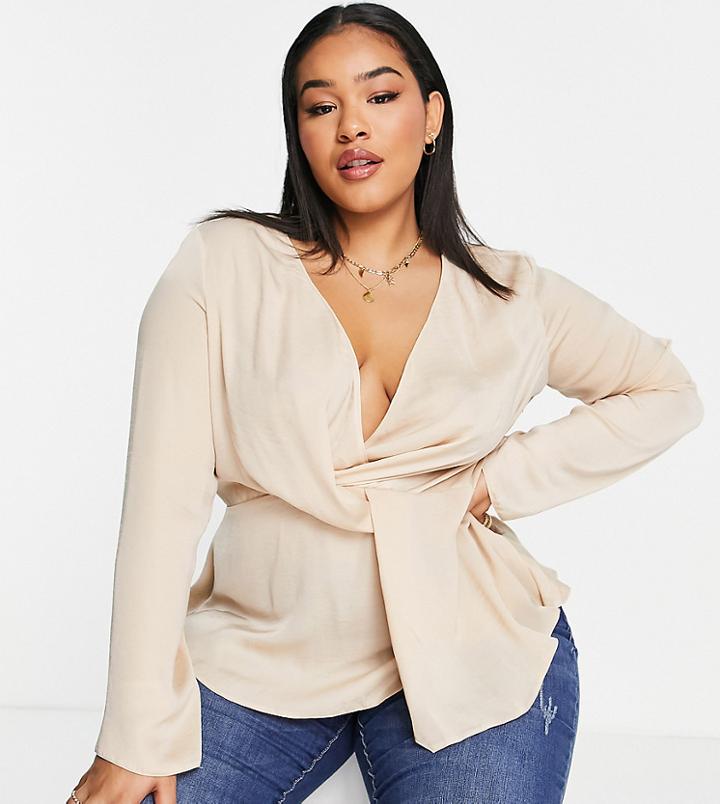 Asos Design Curve Satin Twist Front Blouse With Flared Sleeve In Champagne-white
