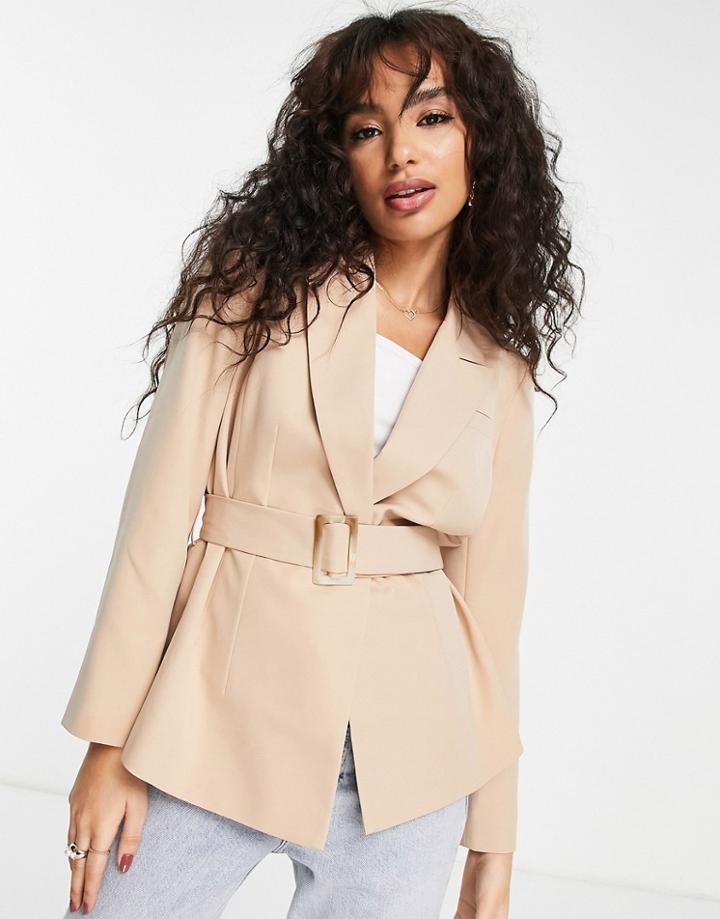 Miss Selfridge Petite Belted Buckle Blazer In Camel-neutral