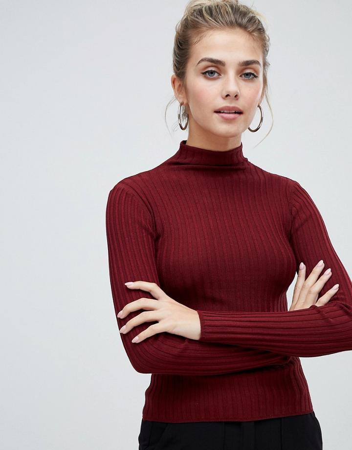 Bershka Vertical Ribbed Funnel Neck Sweater - Red