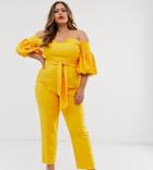 Asos Design Curve Off Shoulder Puff Sleeve Jumpsuit With Belt-yellow