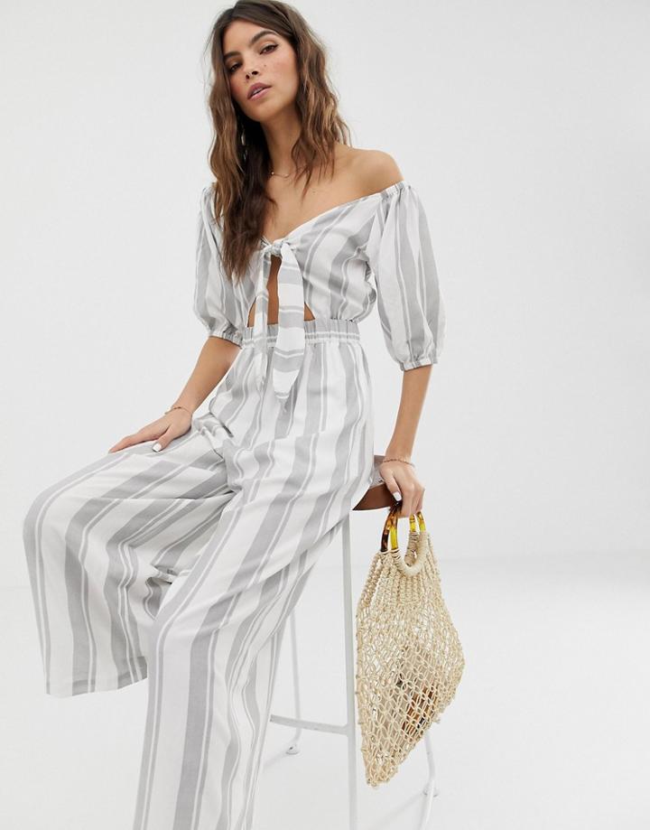 Asos Design Tea Jumpsuit With Puff Sleeve And Tie Detail In Stripe - Multi