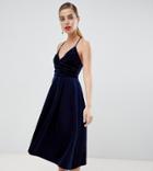 Asos Design Petite Bonded Velvet Cami Wrap Prom Midi Dress-navy
