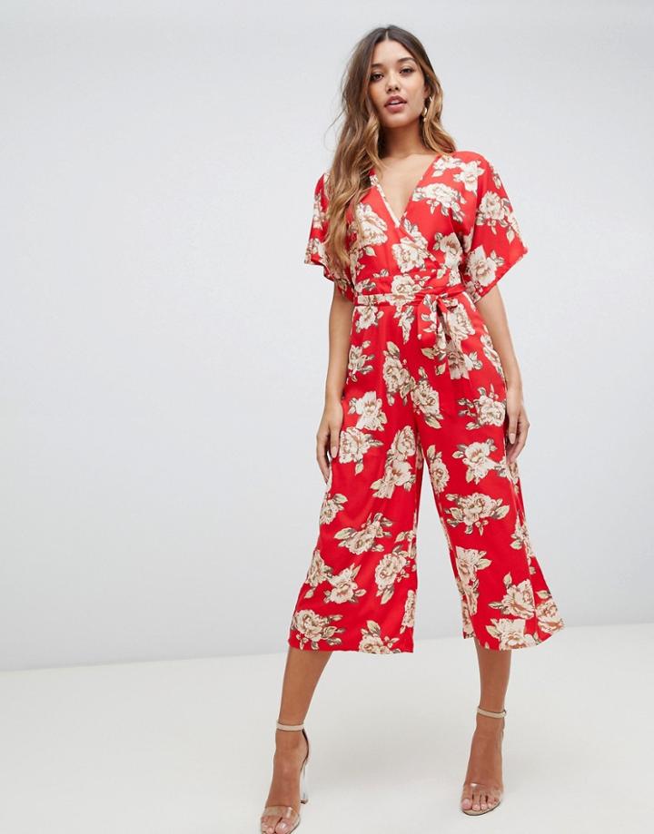Boohoo Tie Waist Jumpsuit In Floral - Multi