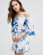 Love & Other Things Off The Shoulder Floral Print Romper - Blue