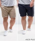 Asos Design Plus 2 Pack Slim Chino Shorts In Stone & Navy Save - Multi
