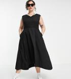 Closet London Plus V-neck High Low Pleated Midi Dress In Black