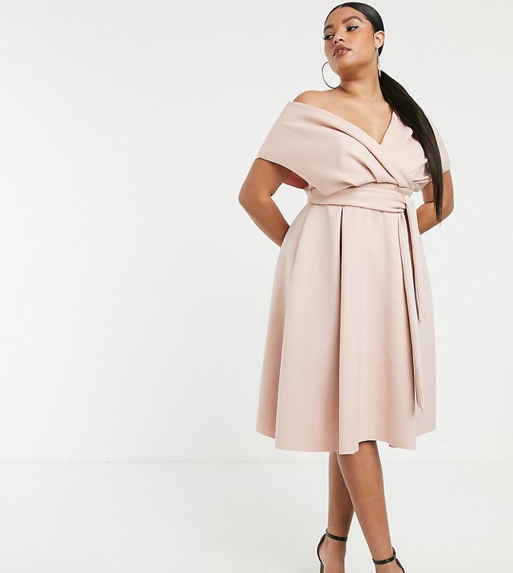 Asos Design Curve Fallen Shoulder Prom Dress With Tie Detail - Pink