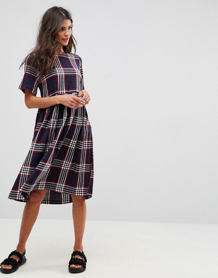 Asos Midi Smock Dress In Check With Short Sleeve - Multi