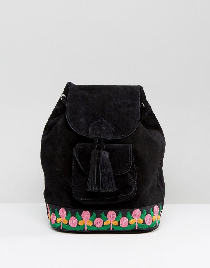 Park Lane Suede Festival Backpack With Embroidery - Black