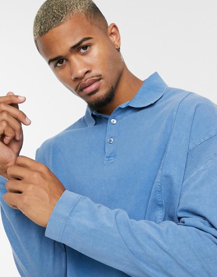 Asos Design Oversized Long Sleeve Polo In Blue Heavyweight Acid Wash