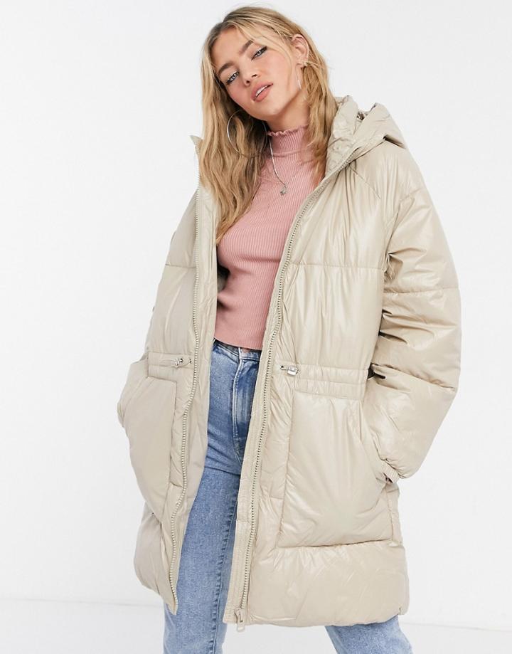Stradivarius Long Padded Coat With Hood In Beige-neutral