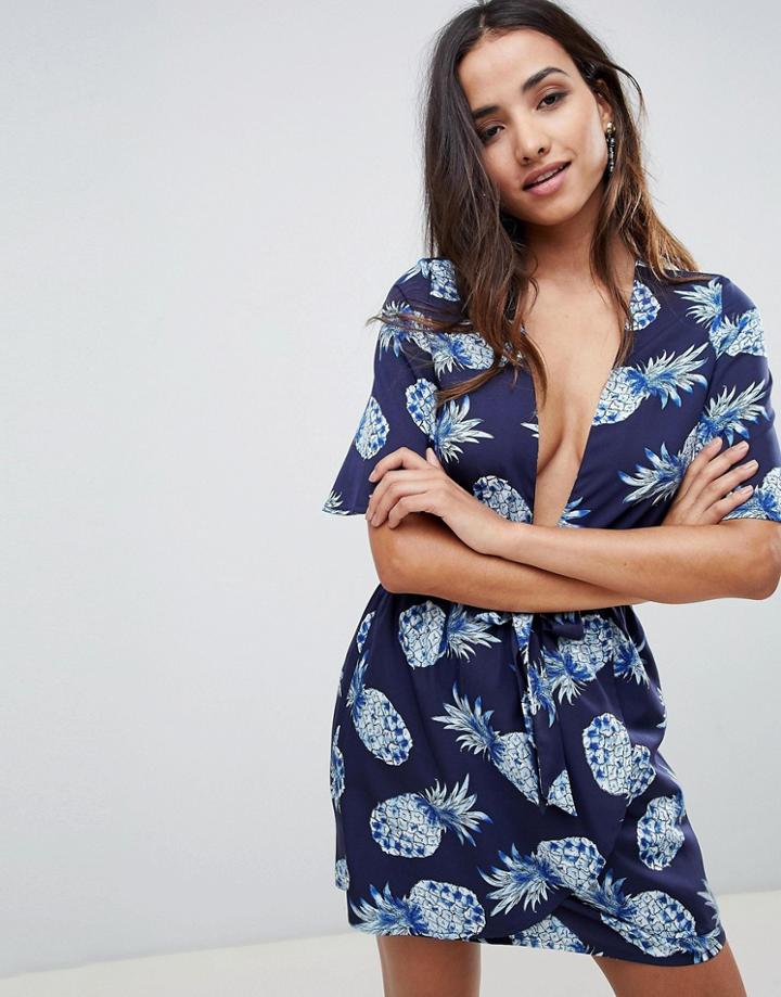 Boohoo Pineapple Printed Tie Front Dress - Blue