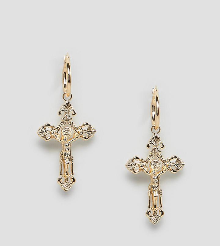 Rock 'n' Rose Gold Ornate Cross Drop Hoop Earrings - Gold