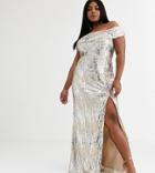 Goddiva Plus Bandeau Maxi Dress With Leg Split In Silver Sequin