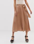 Asos Design Satin Midi Skirt With Self Belt-brown