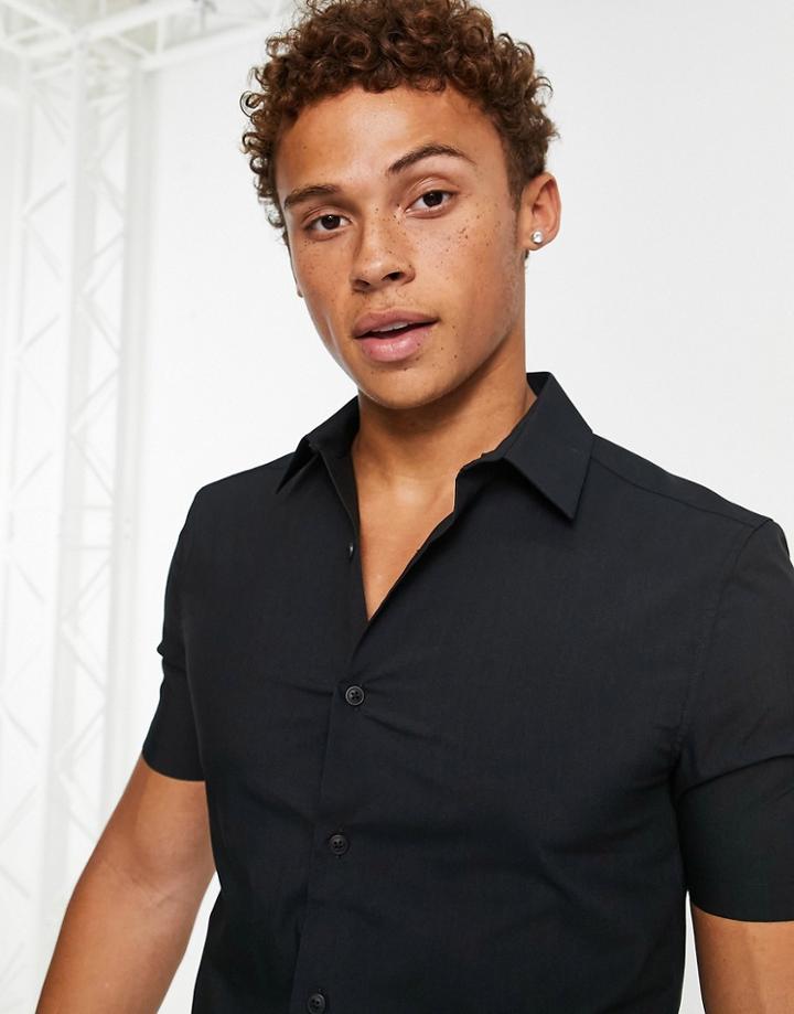 Topman Short Sleeve Stretch Skinny Smart Shirt In Black