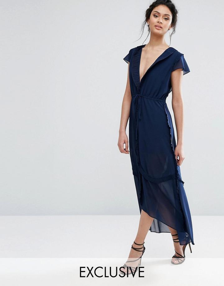 True Decadence Ruffle Sleeve Midi Dress - Navy