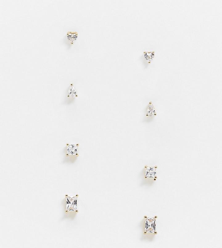Asos Design Pack Of 4 14k Gold Plated Earrings In Mixed Cubic Zirconia Studs