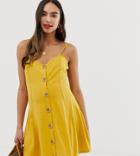 Asos Design Maternity Mini Slubby Cami Swing Dress With Faux Wood Buttons-yellow