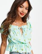 Asos Design Square Neck Top In Green Gingham With Floral Embroidered Detail-multi