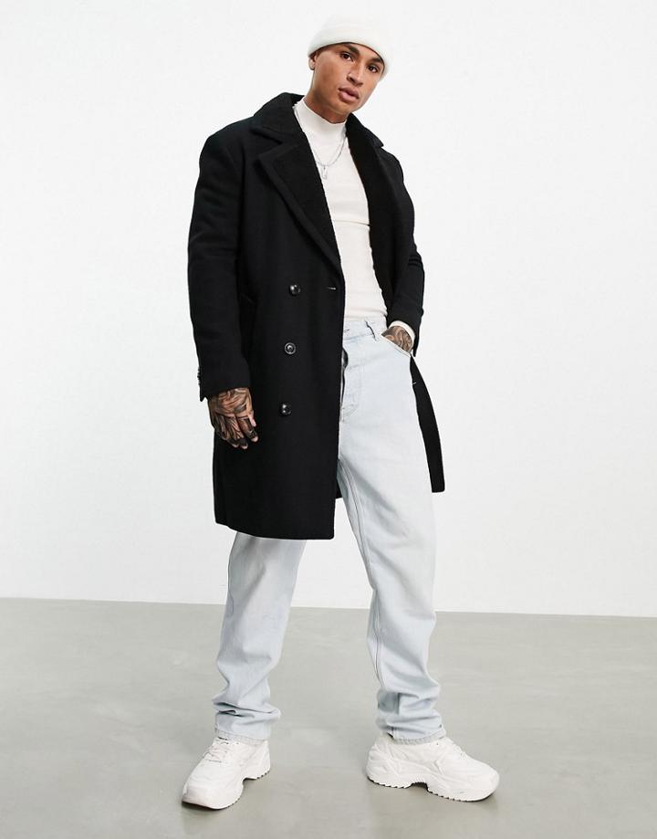 Asos Design Wool Mix Overcoat With Sherpa Collar In Black