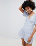Asos Design Swing Romper With Button Front In Stripe-blue