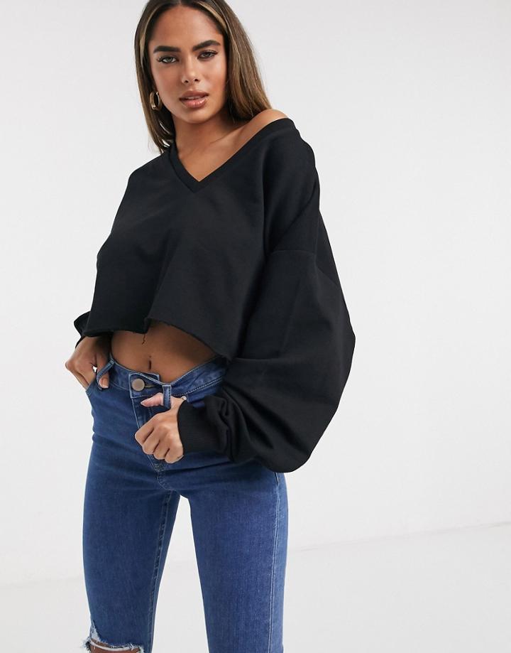 Asos Design Oversized Cropped Sweatshirt With V Neck In Black