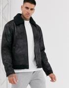 Jack & Jones Originals Faux Leather Aviator Jacket With Fleece Lining In Black