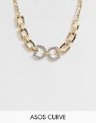 Asos Design Curve Necklace With Crystal Link Pendant And Glam Chain In Gold Tone - Gold
