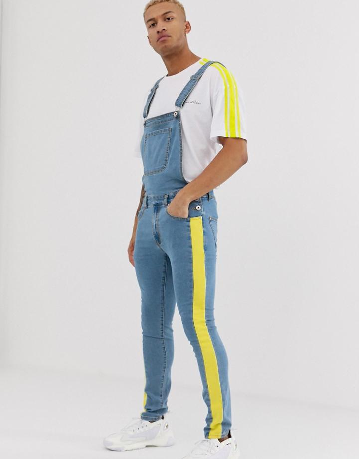 Liquor N Poker Overall With Neon Green Stripe Detailing In Blue Wash