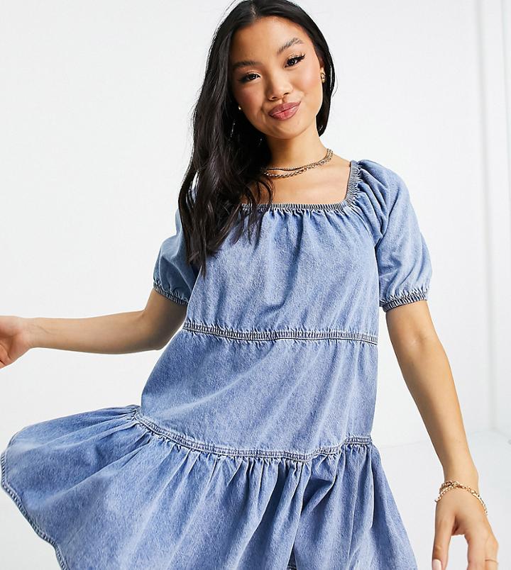 River Island Petite Tie Back Tiered Denim Smock Dress In Light Blue-blues