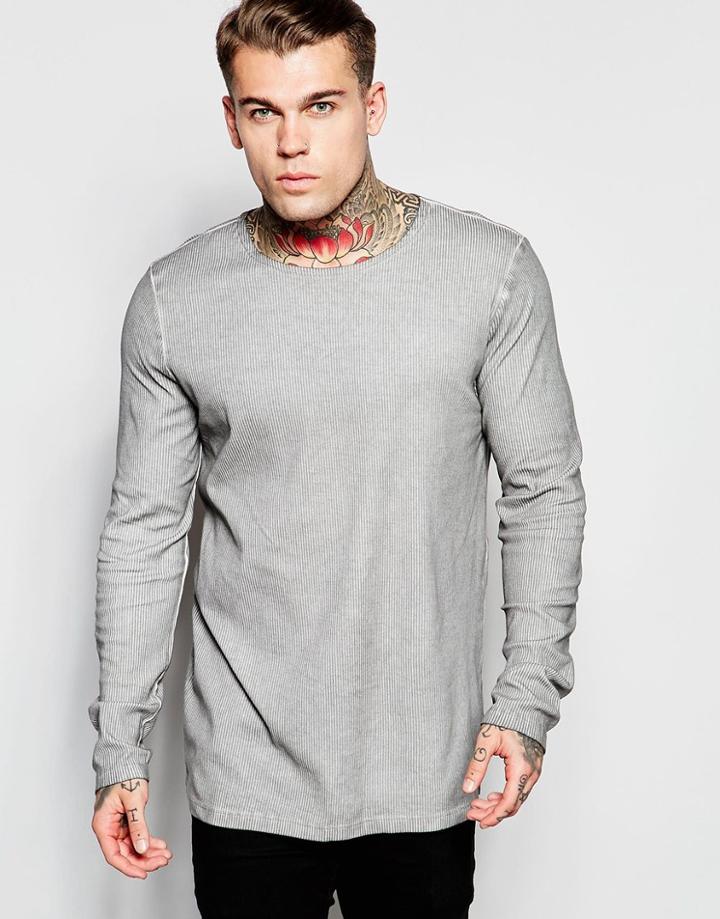 Asos Rib Jersey Longline Long Sleeve T-shirt In Pigment Wash - Gray