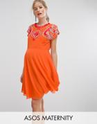 Asos Maternity Salon Embellished Skater Dress - Orange