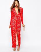 Missguided Lace Split Detail Maxi Dress - Red