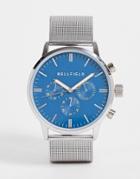 Bellfield Mesh Strap Watch In Silver With Chrome Blue Dial