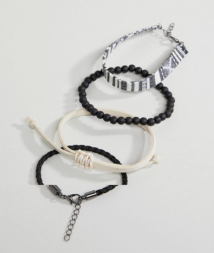 Asos Design Bracelet Pack In Monochrome With Beads - Black