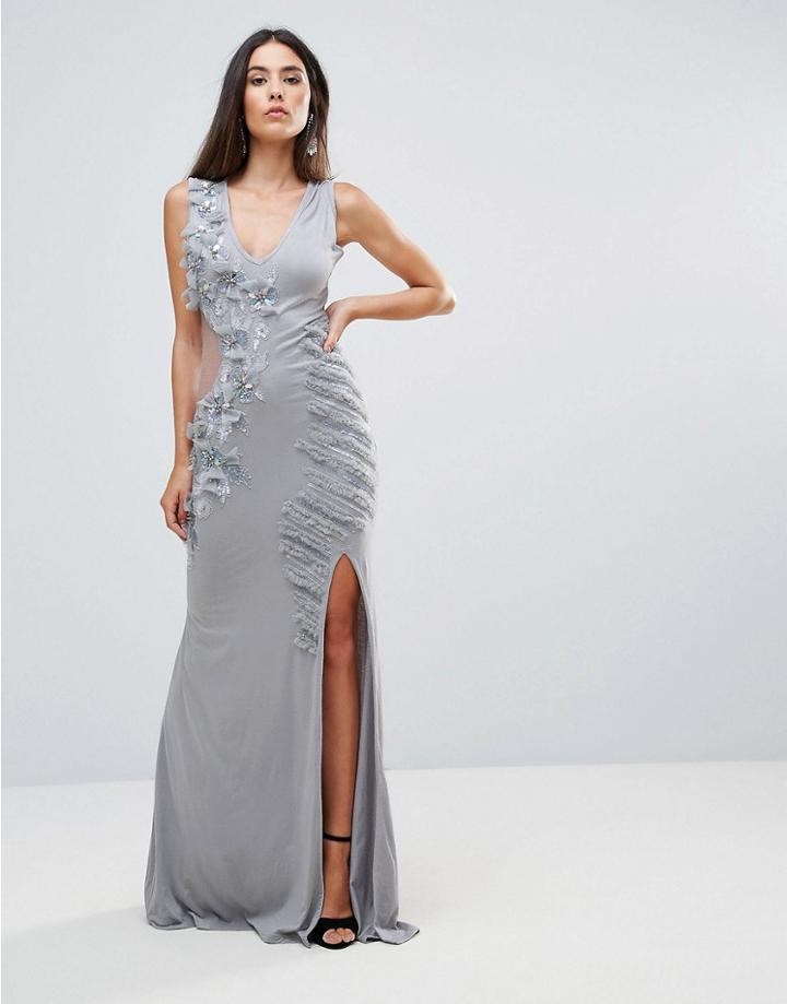 A Star Is Born Embellished Maxi Dress With Cut Out Sides - Silver
