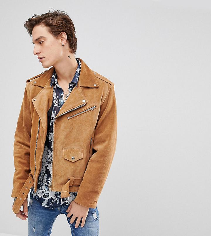 Reclaimed Vintage Inspired Real Suede Biker Jacket - Tan