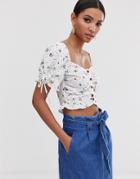 Fashion Union Button Front Milkmaid Top In Floral - White