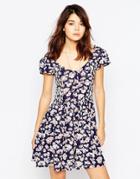 Brave Soul Short Sleeve Floral Tea Dress - Indigo