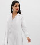 Asos Design Tall Pleated Long Sleeve Cotton Swing Mini Dress-white