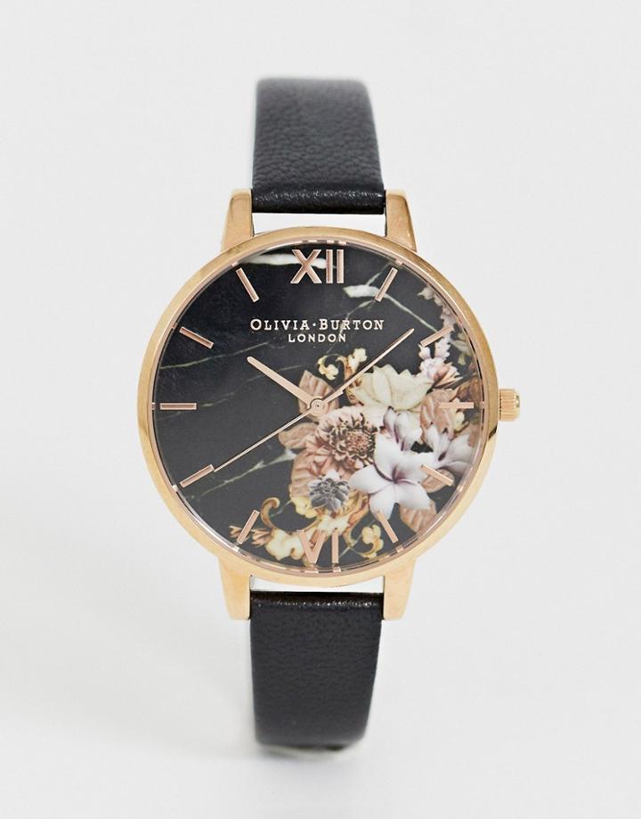 Olivia Burton Ob16cs01 Marble Floral Leather Watch - Black