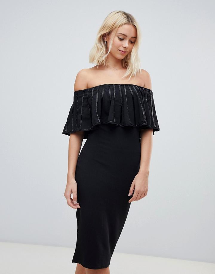 Qed London Bardot Pencil Dress With Frill - Black